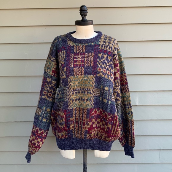 Vintage 80s Colorful Multicolor Geometric Loud Cosby Grandpa Plaid Sweater XL - Picture 5 of 17